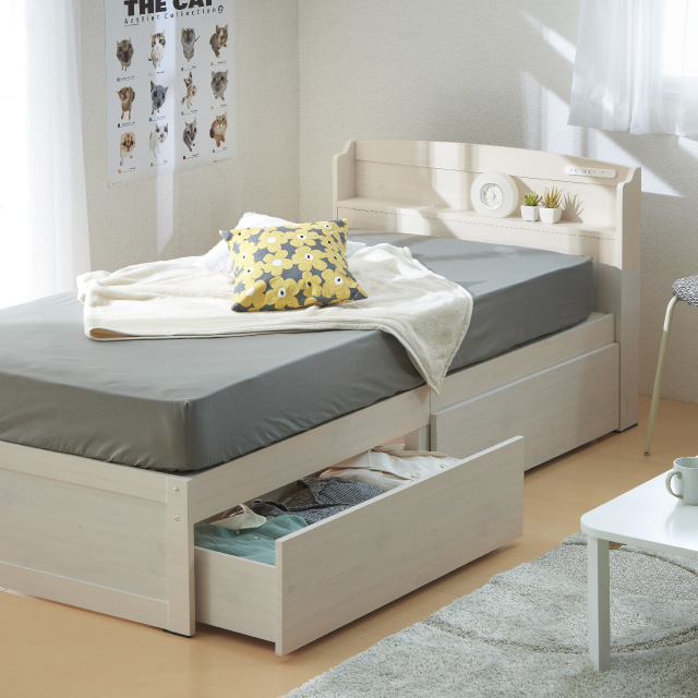 木製すのこベッド宮付引出付き ホワイトウォッシュ SLB-101(WS)、SLH-111(WS)