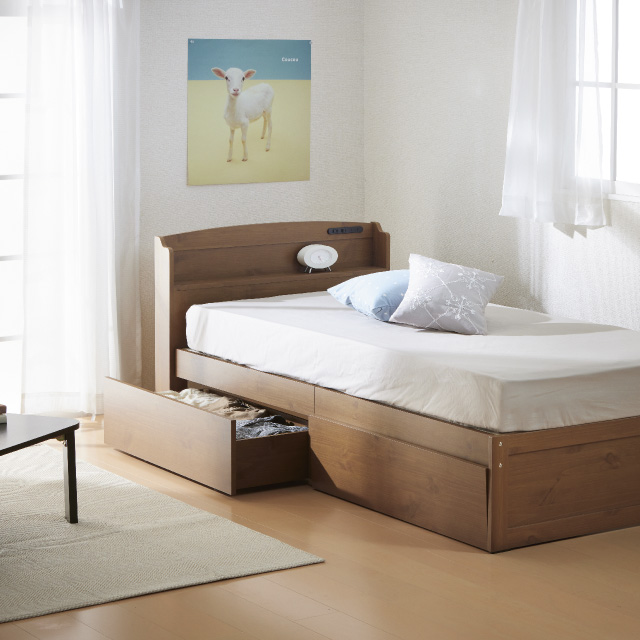 木製すのこベッド宮付引出付き ライトブラウン SLB-101(LBR)、SLH-111(LBR)