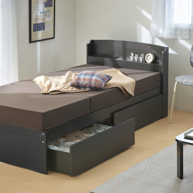 木製すのこベッド宮付引出付き ブラック SLB-101(BK)、SLH-111(BK)