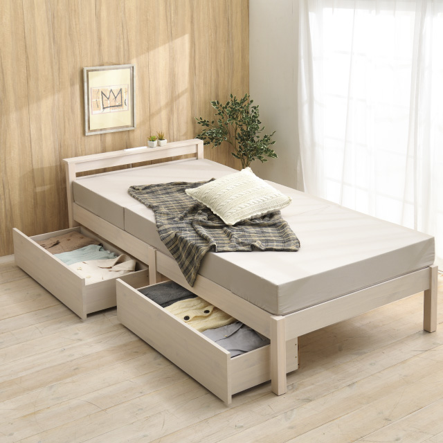 組立簡単すのこベッド引出付き ホワイトウォッシュ SLB-201(WS)、SLH211(WS)