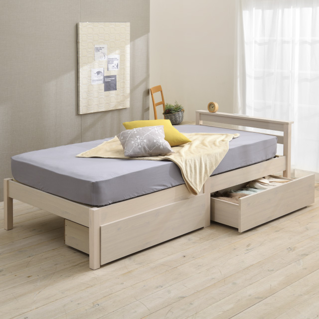 組立簡単すのこベッド引出付き ホワイトウォッシュ SLB-201(WS)、SLH211(WS)