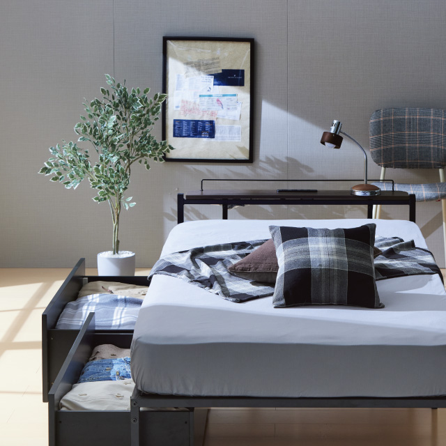 宮棚＆コンセント付ベッド引出付き ブラック SLB-301(BK)、SLH-311(BK)