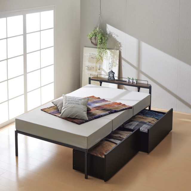 宮棚＆コンセント付ベッド引出付き ブラック SLB-301(BK)、SLH-311(BK)
