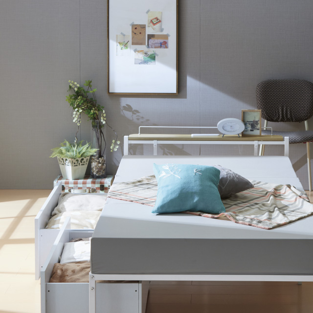 宮棚＆コンセント付ベッド引出付き ホワイト SLB-301(WH)、SLH-311(WH)