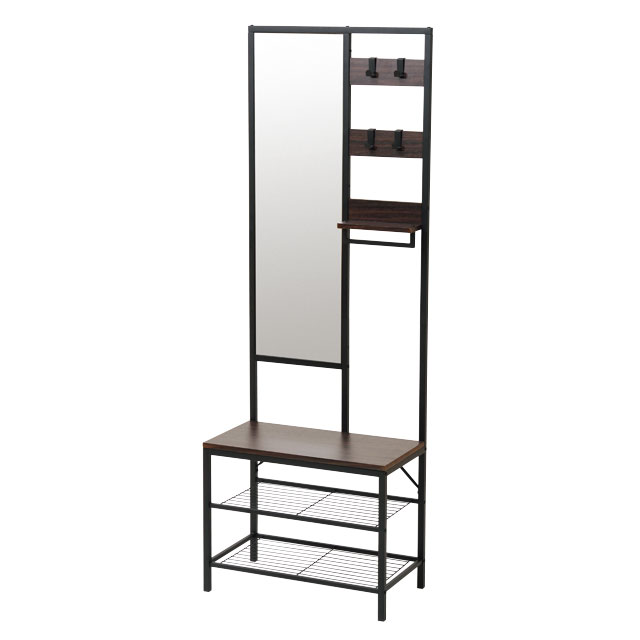 多機能ハンガーラックミラー付 ダークブラウン 